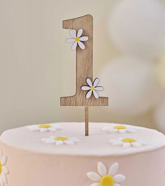 Cake-Topper aus Holz "Eins" mit Gänseblümchen - 15 cm