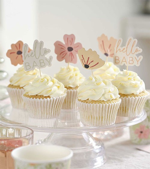 Cake-Picks mit Blüten "Hello Baby" - 12-teilig